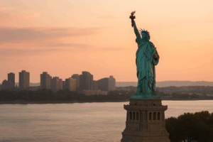 Sunset view of the Statue of Liberty with the New Jersey skyline across the Hudson River.