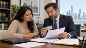 A New Jersey immigration client reviews work authorization documents with an attorney in a bright professional office.